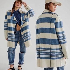Fp We The Free Acadia long line Cardi coat 100% wool cream blue boho western M/L